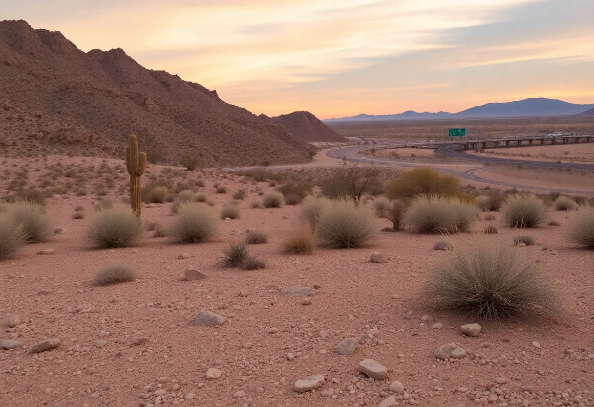 A peaceful desert landscape near Tucson, Arizona, showing Interstate 19