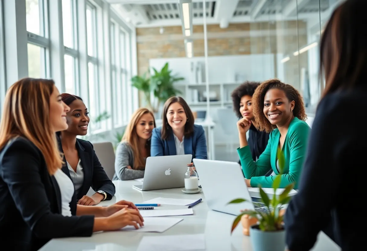 A diverse group of women working together in an office environment.