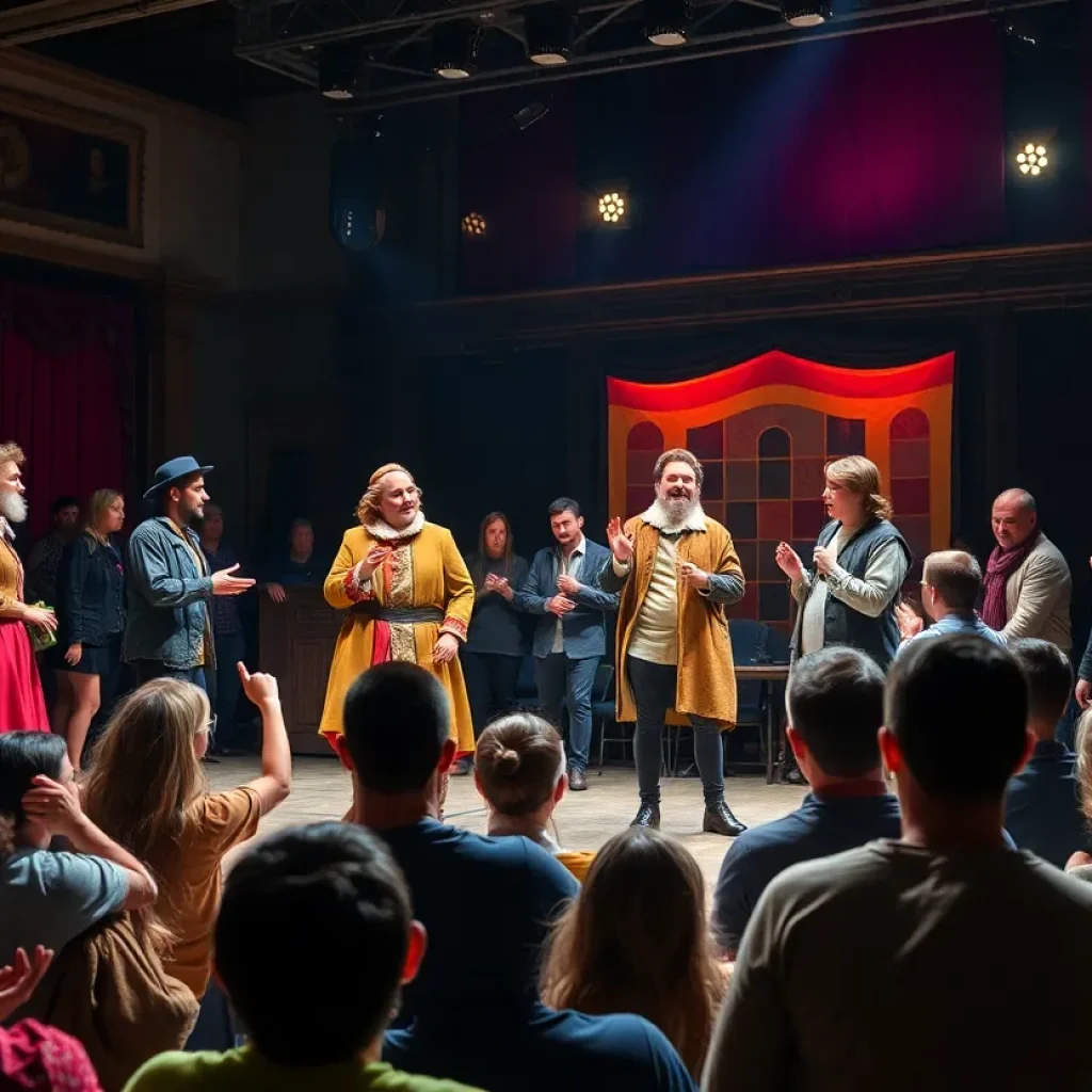 Actors performing Drunk Shakespeare on stage