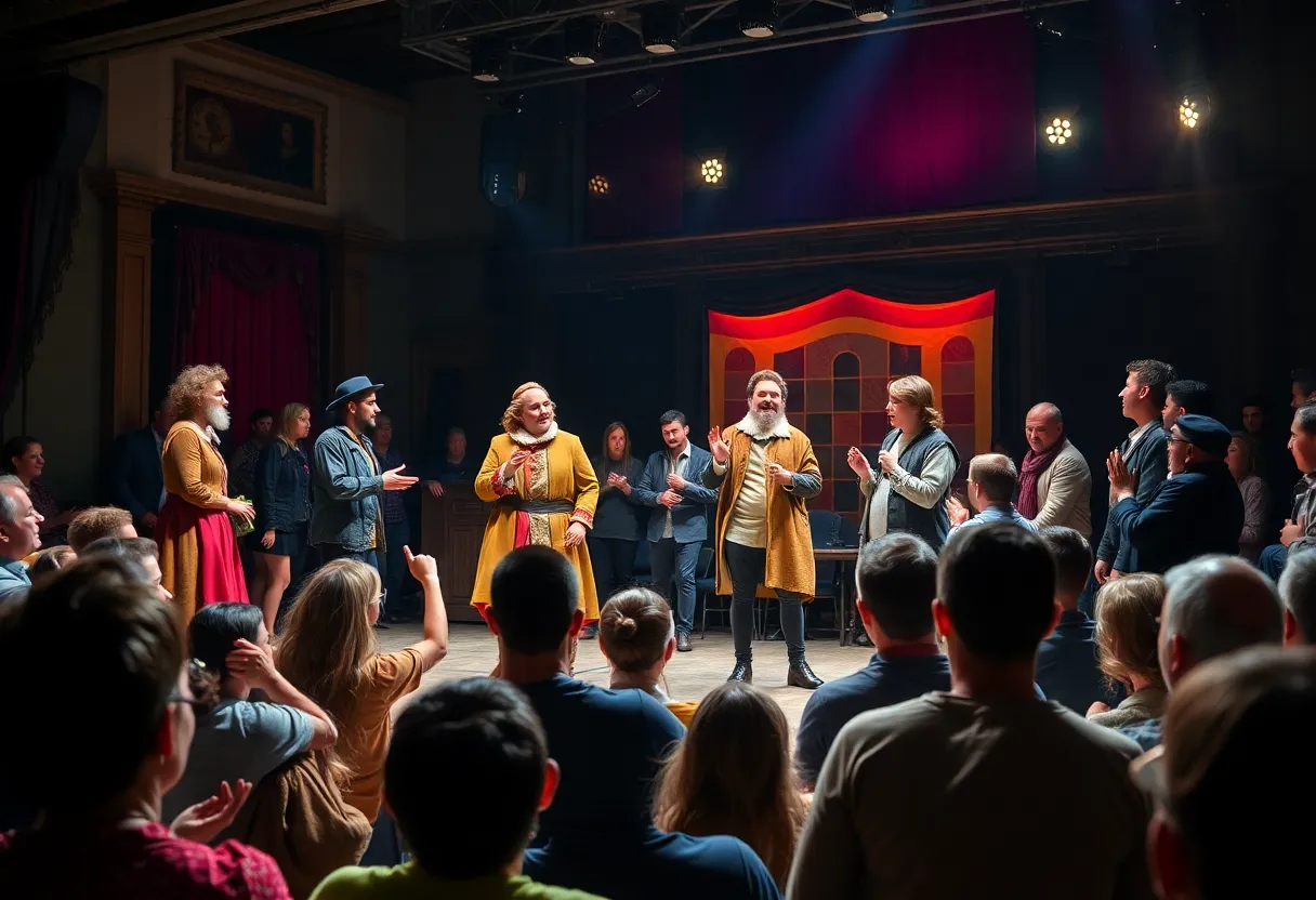 Actors performing Drunk Shakespeare on stage