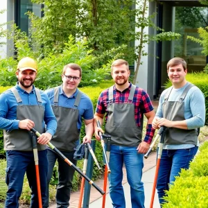 Encore Landscape Management team working in a commercial landscape setting