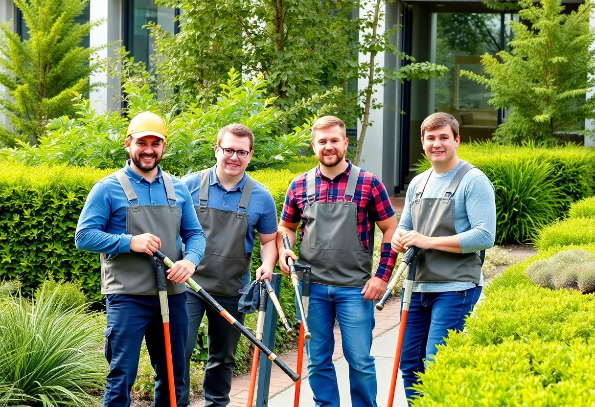 Encore Landscape Management team working in a commercial landscape setting