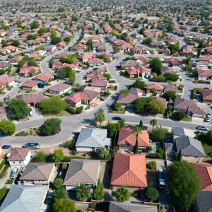Aerial view of a diverse Phoenix neighborhood showing mixed housing types.
