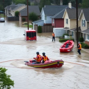 A neighborhood inundated by floodwaters in Kerr County during a severe storm.