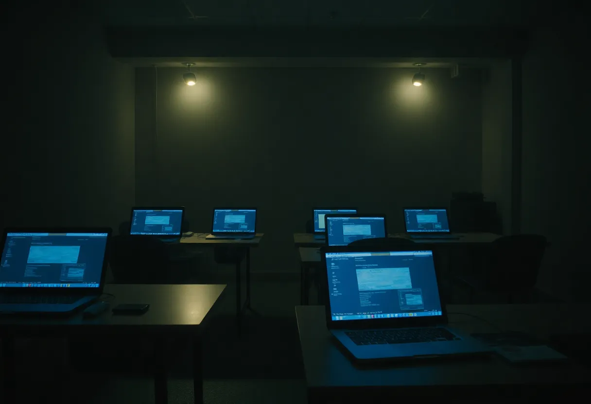 Illustration of a laptop farm used in fraud operations