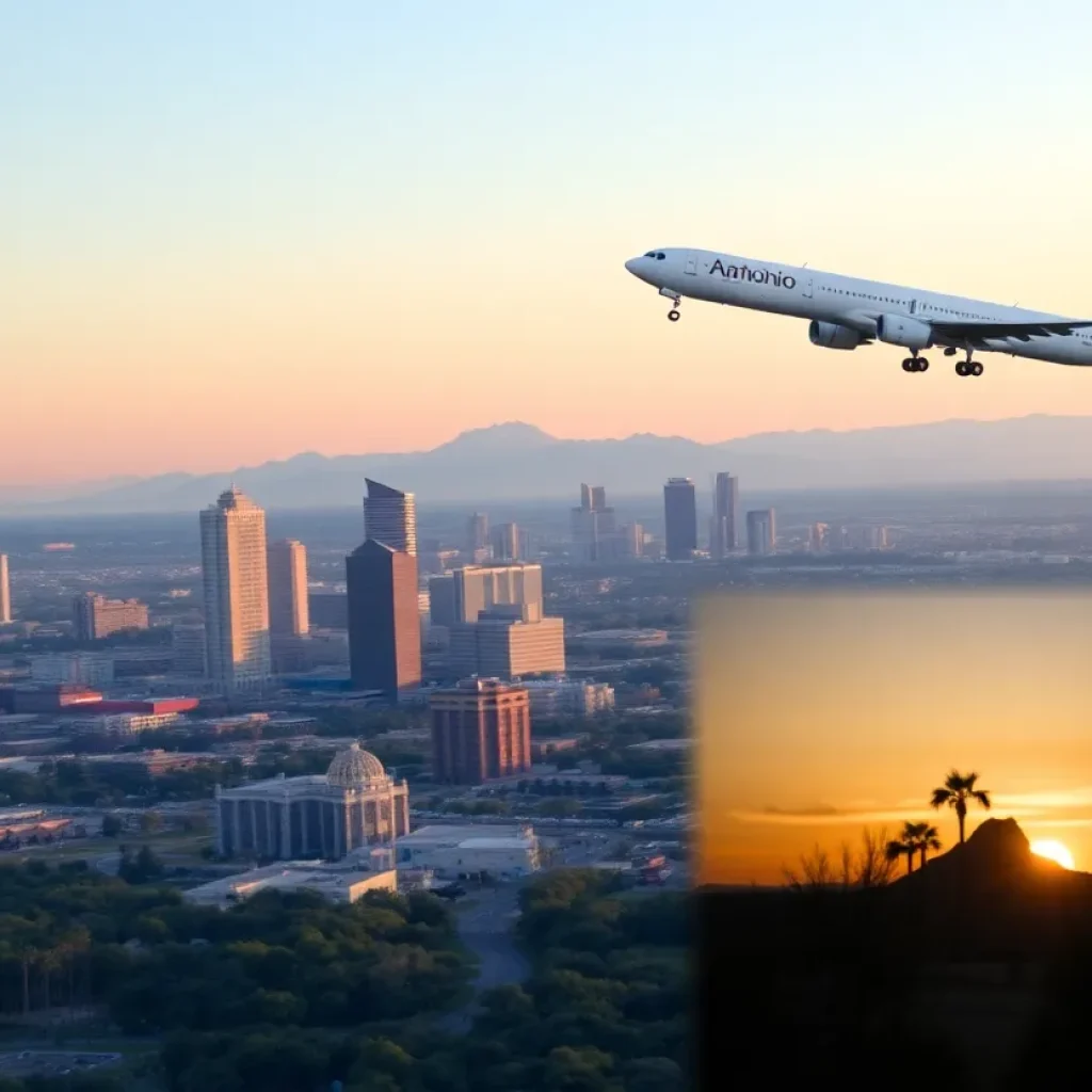 Airplane flying from Phoenix to San Antonio with city skyline in background