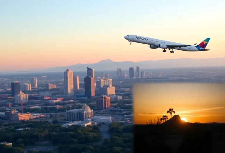 Airplane flying from Phoenix to San Antonio with city skyline in background