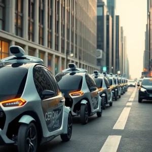A fleet of autonomous robotaxis driving in a modern city