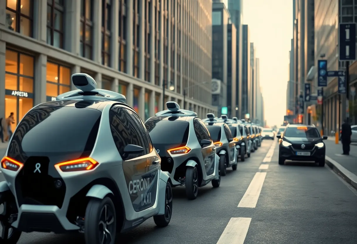 A fleet of autonomous robotaxis driving in a modern city