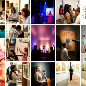 Collage of artistic events in Gilbert, Arizona featuring workshops and performances.