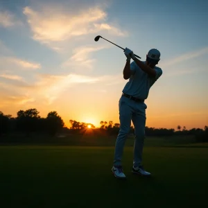 A golfer practicing swing on a golf course during sunset.