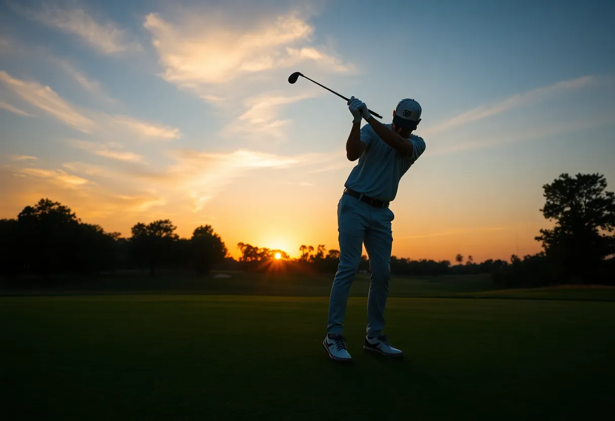 A golfer practicing swing on a golf course during sunset.