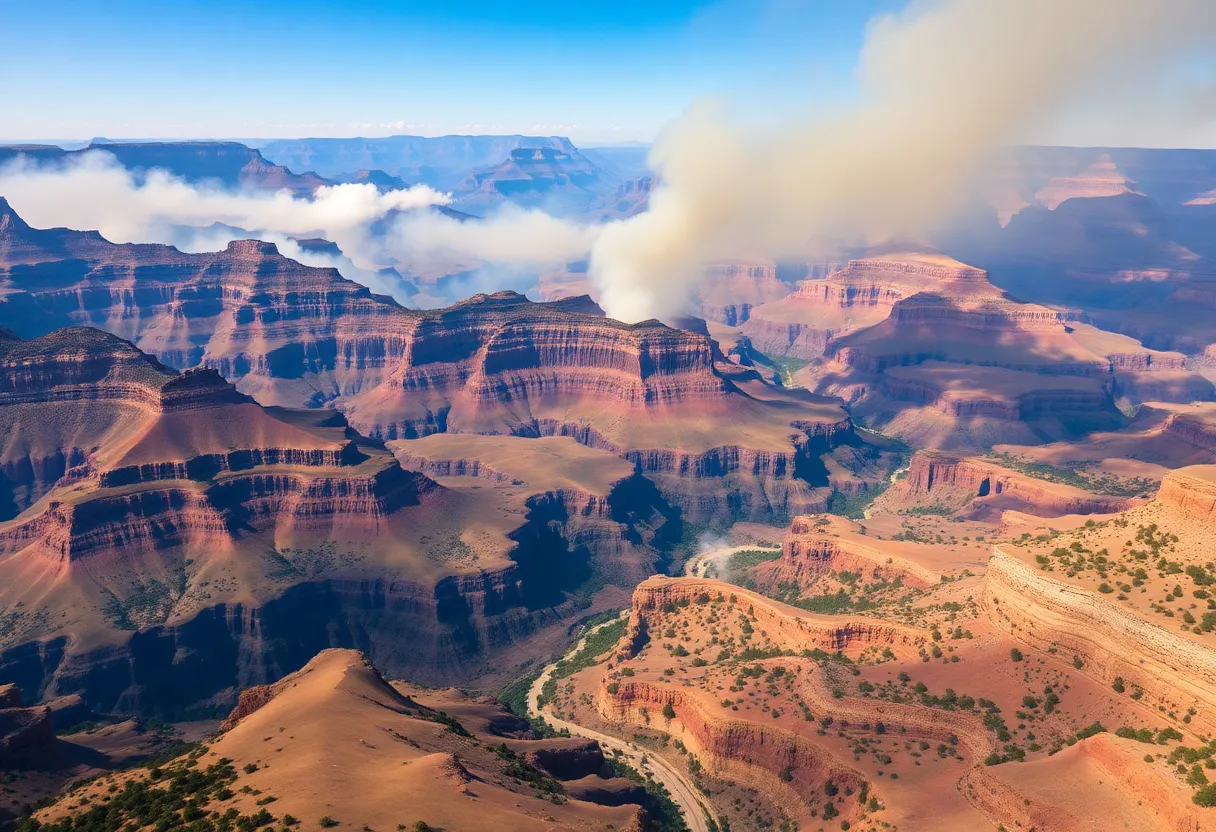 Aerial view of the Grand Canyon impacted by wildfires with smoke and damaged vegetation.