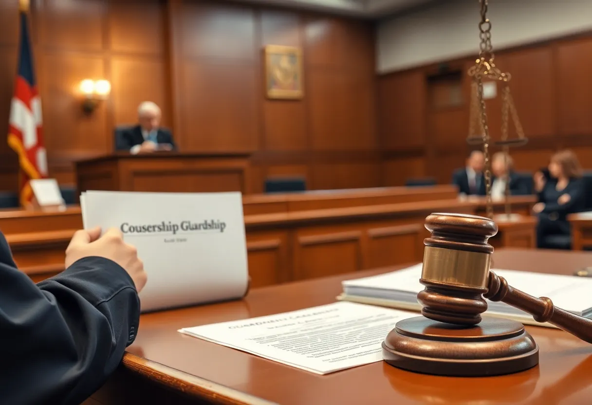 A courtroom setting with legal documents on guardianship and conservatorship.