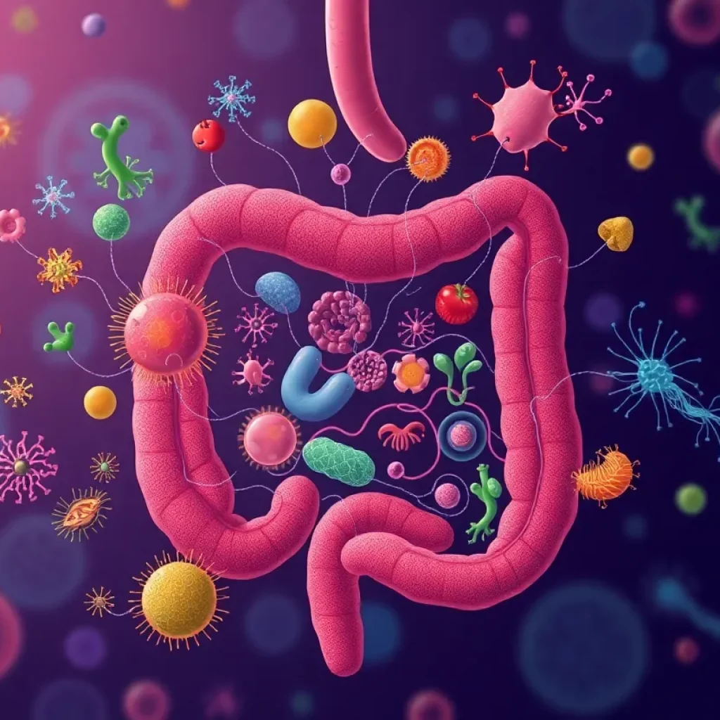 Illustration showing the gut microbiome and its influence on pediatric inflammatory bowel diseases.