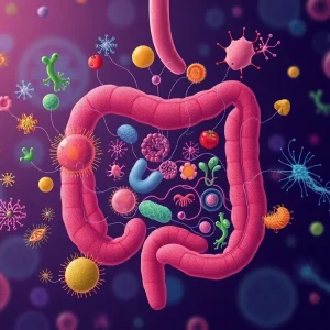 Illustration showing the gut microbiome and its influence on pediatric inflammatory bowel diseases.