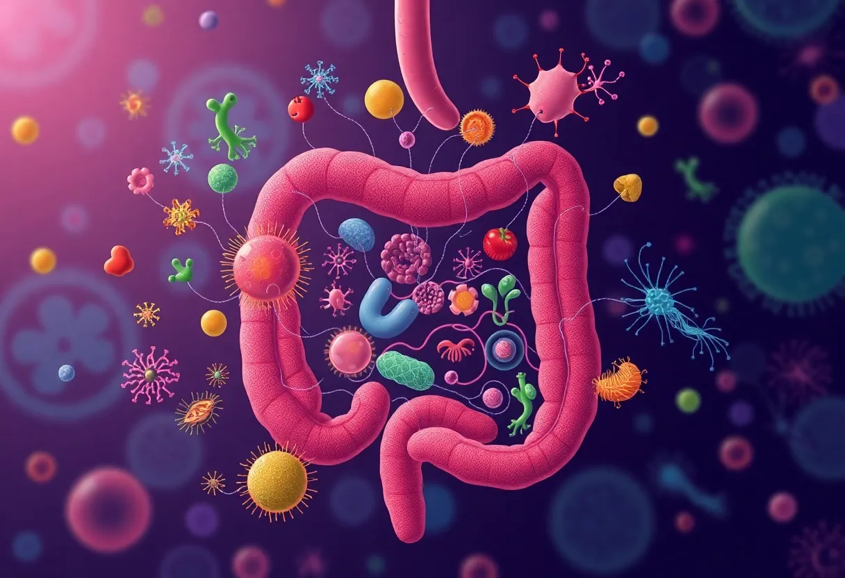Illustration showing the gut microbiome and its influence on pediatric inflammatory bowel diseases.