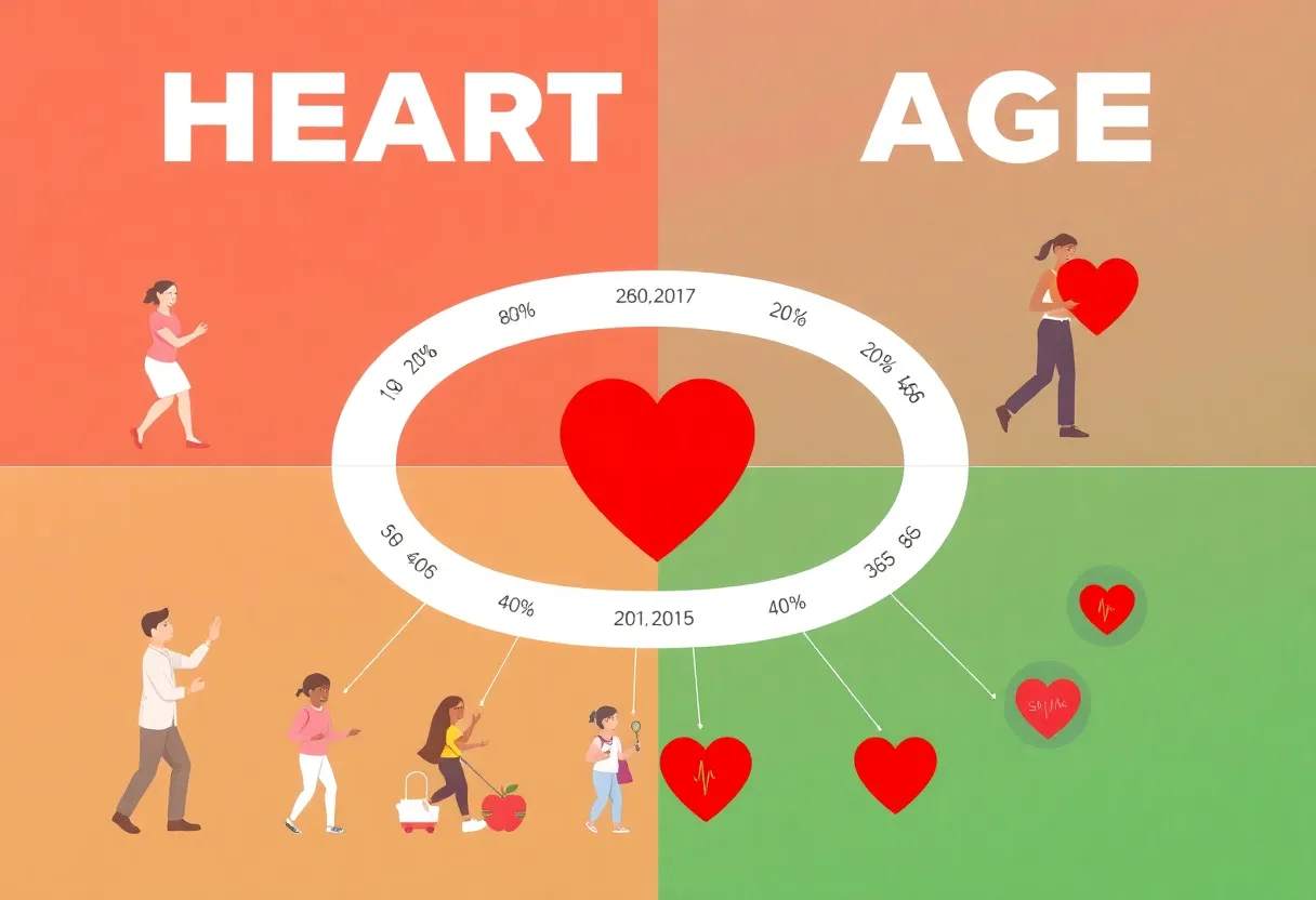 Infographic illustrating heart age in relation to actual age and promoting heart health awareness