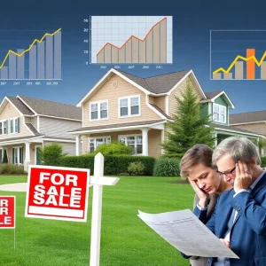 Visual representation of the housing market with homes for sale and market trend graphs.