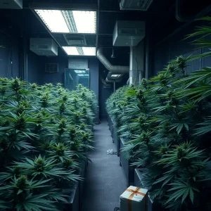 Interior view of a large illegal marijuana grow operation with plants and equipment
