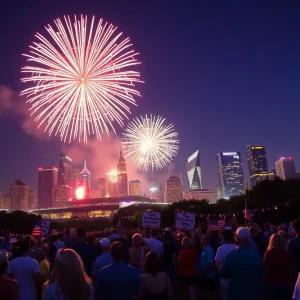 Fireworks bursting over the skyline of Phoenix during Independence Day celebrations