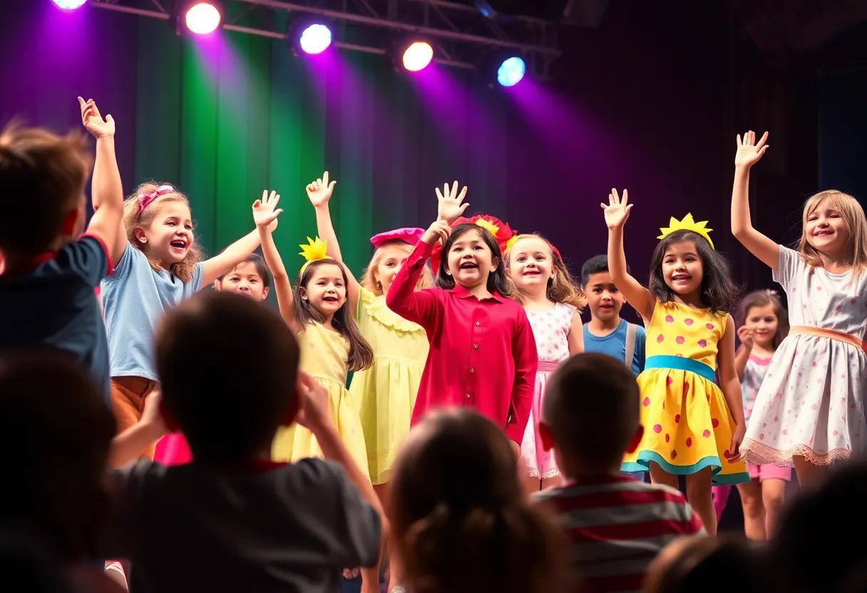 A lively stage scene from the Junie B. musical at Valley Youth Theatre