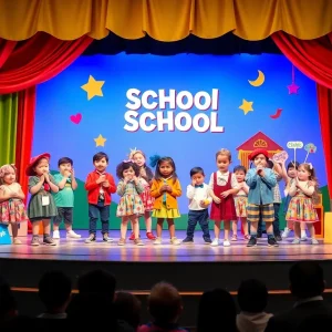 Children performing in a youth theatre musical adaptation of Junie B.
