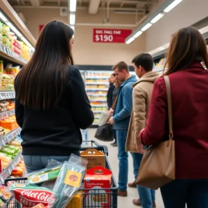 A grocery store aisle showcasing price tags on various products.