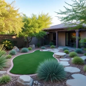 Landscaped yard in Phoenix, AZ with native plants and shade structures.