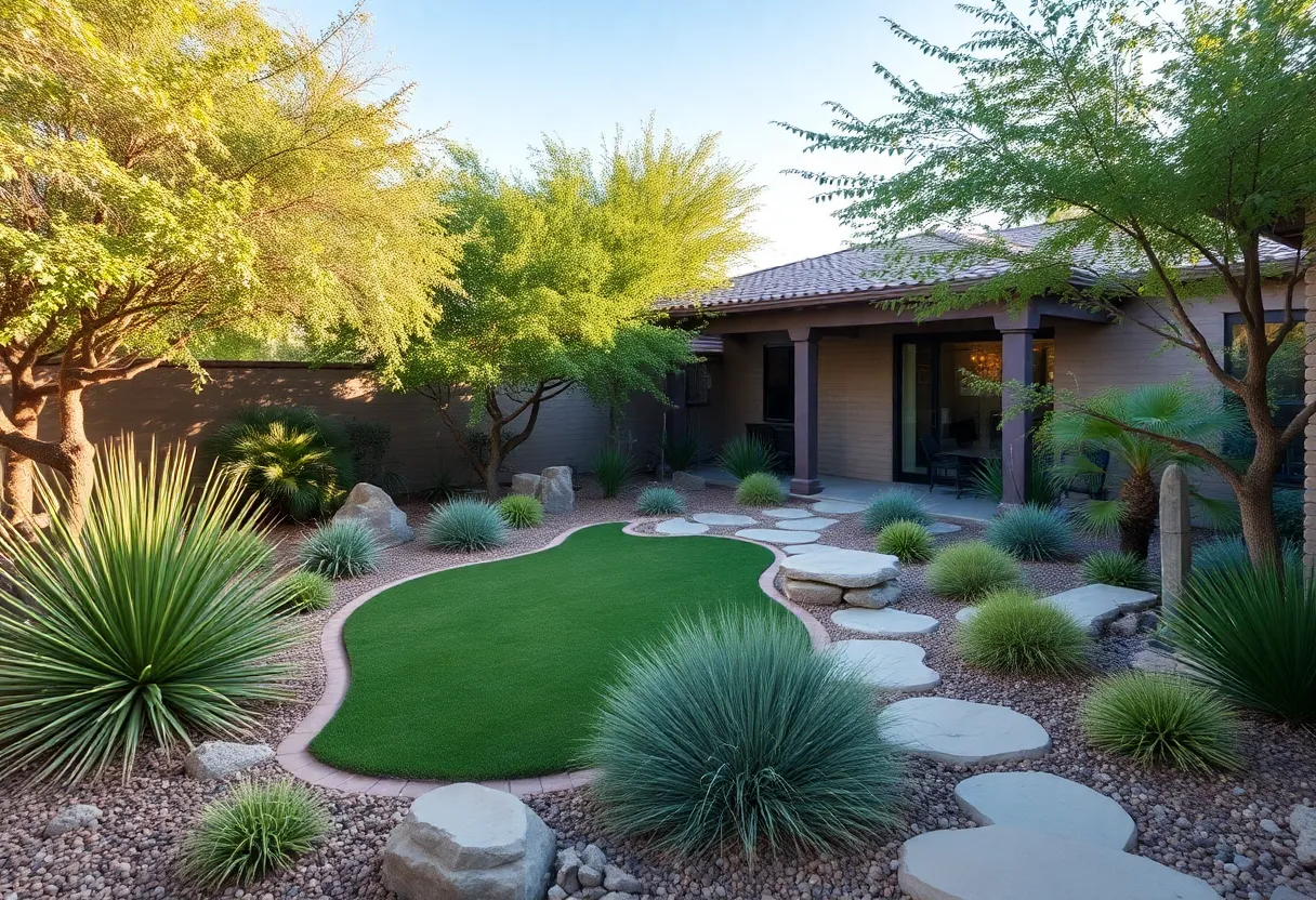 Landscaped yard in Phoenix, AZ with native plants and shade structures.