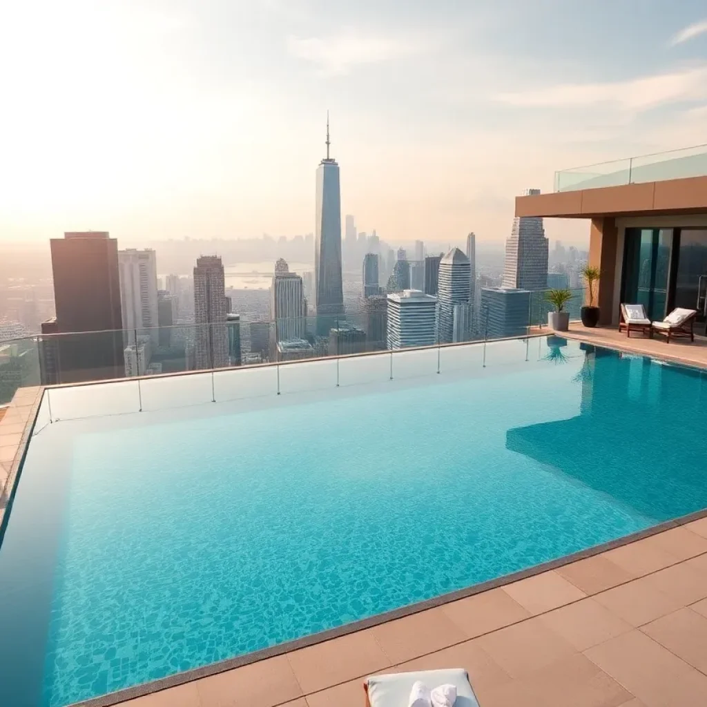 Luxurious rooftop pool with city skyline view.