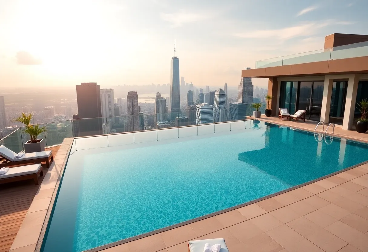 Luxurious rooftop pool with city skyline view.