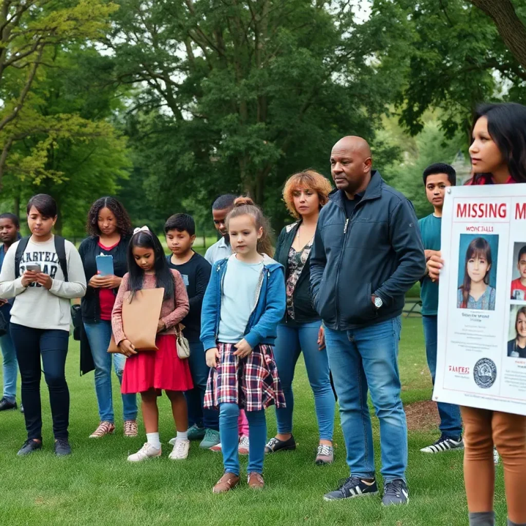 Community gathering with missing child posters