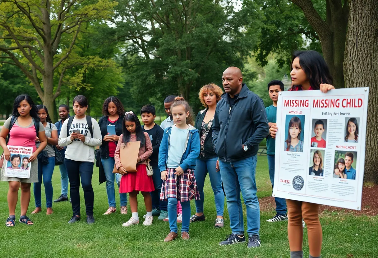 Community gathering with missing child posters