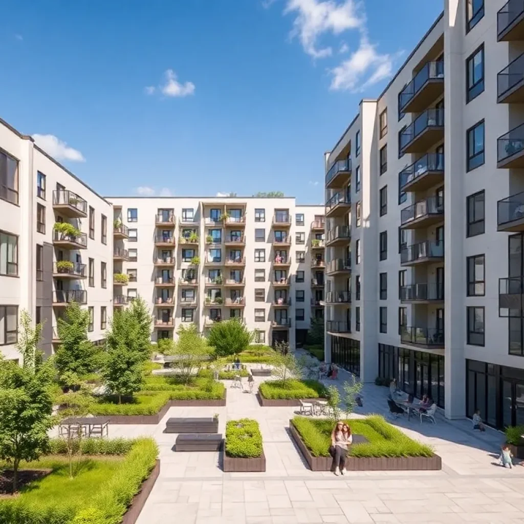 A modern multifamily apartment complex surrounded by greenery.
