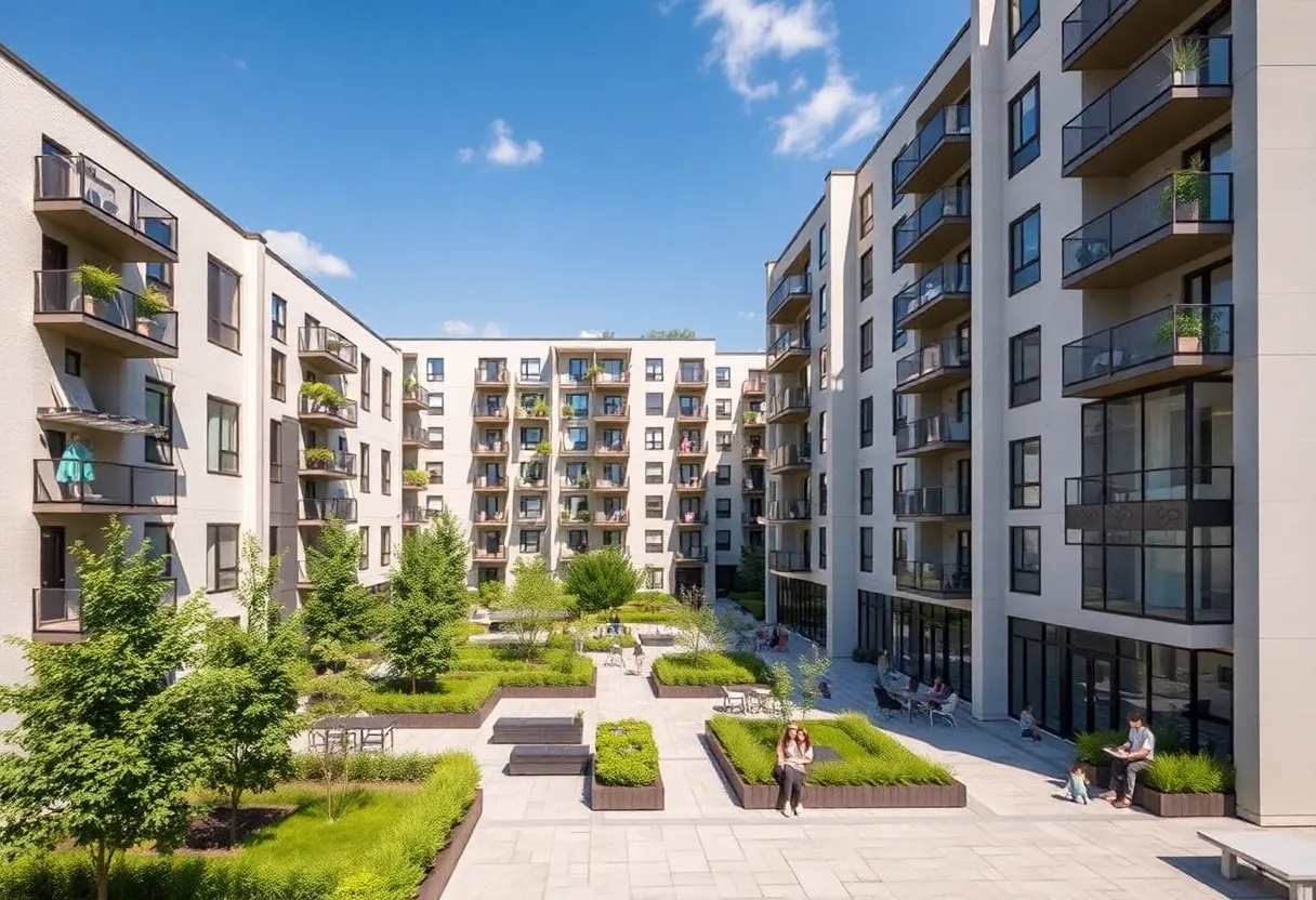 A modern multifamily apartment complex surrounded by greenery.