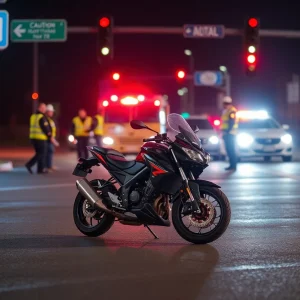Scene of a motorcycle accident with police and emergency vehicles present.