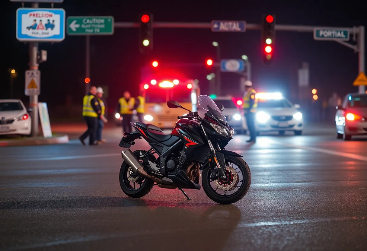 Scene of a motorcycle accident with police and emergency vehicles present.