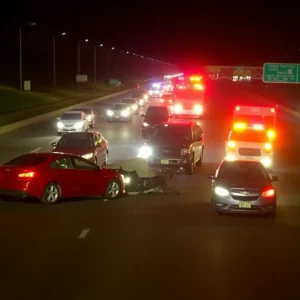 Scene of a multi-vehicle accident on I-10 with damaged cars