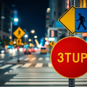 Night-time scene showing pedestrian safety measures on a city street