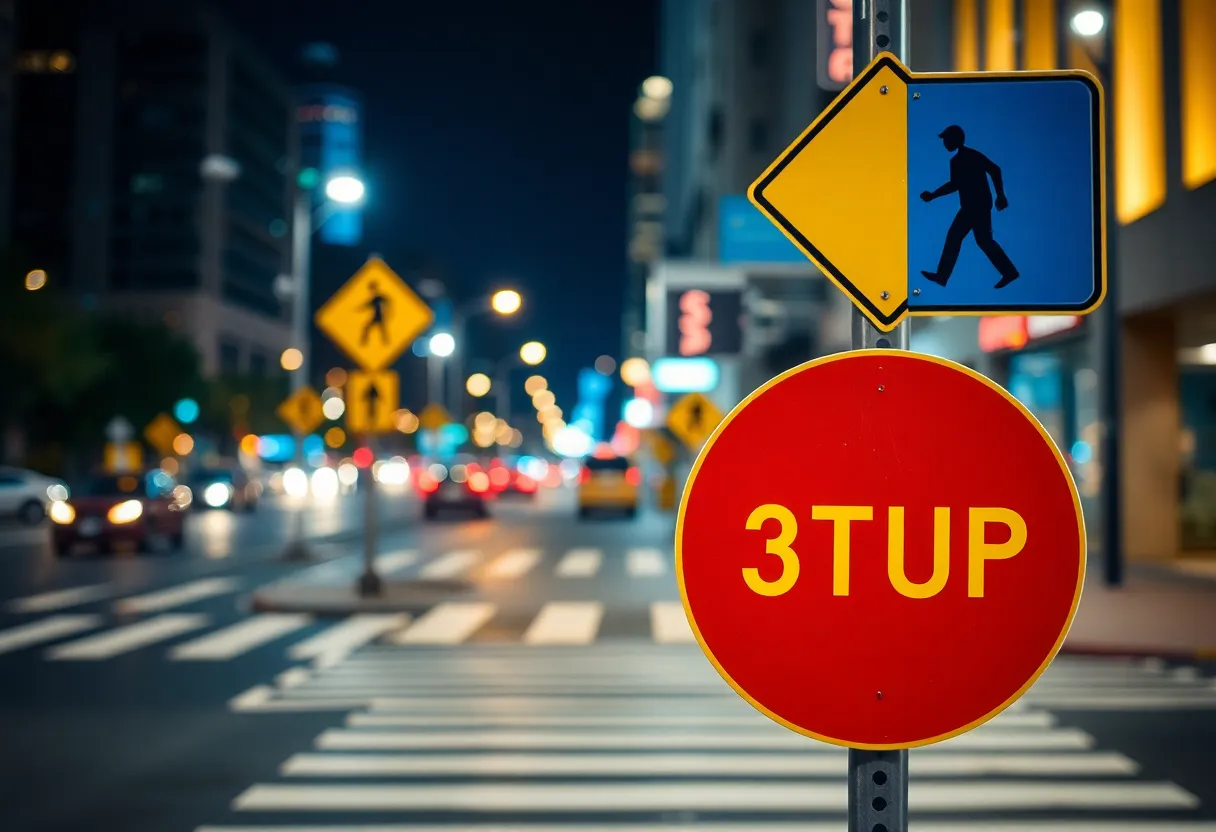 Night-time scene showing pedestrian safety measures on a city street