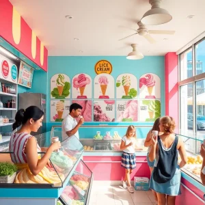 Interior of Novel Ice Cream shop with various flavors on display.