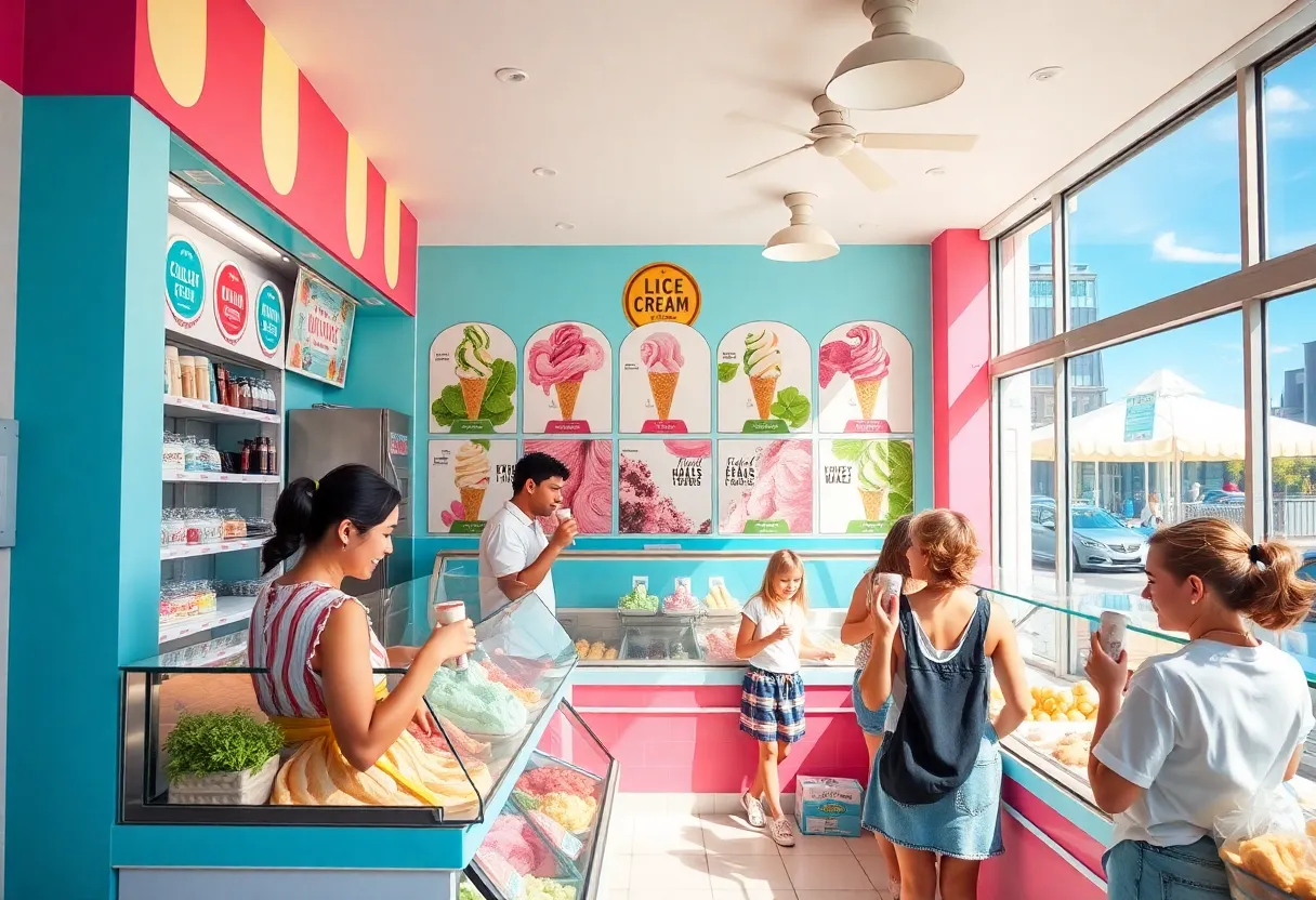 Interior of Novel Ice Cream shop with various flavors on display.