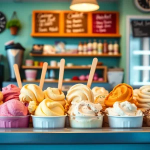 Display of colorful ice cream flavors at Novel Ice Cream in Phoenix
