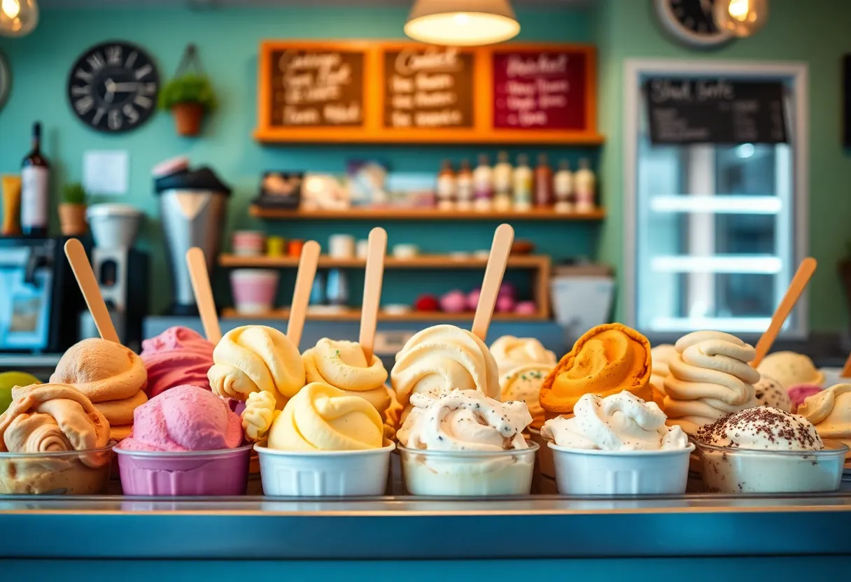 Display of colorful ice cream flavors at Novel Ice Cream in Phoenix