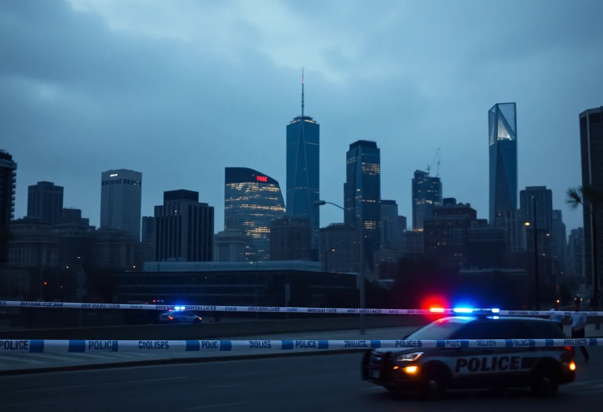 Police lights in New York City skyline after a shooting incident