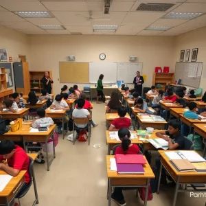 An overcrowded classroom in Arizona highlighting the challenges in the education system.
