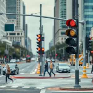 An intersection with traffic signals and crosswalks in a city, emphasizing pedestrian safety.