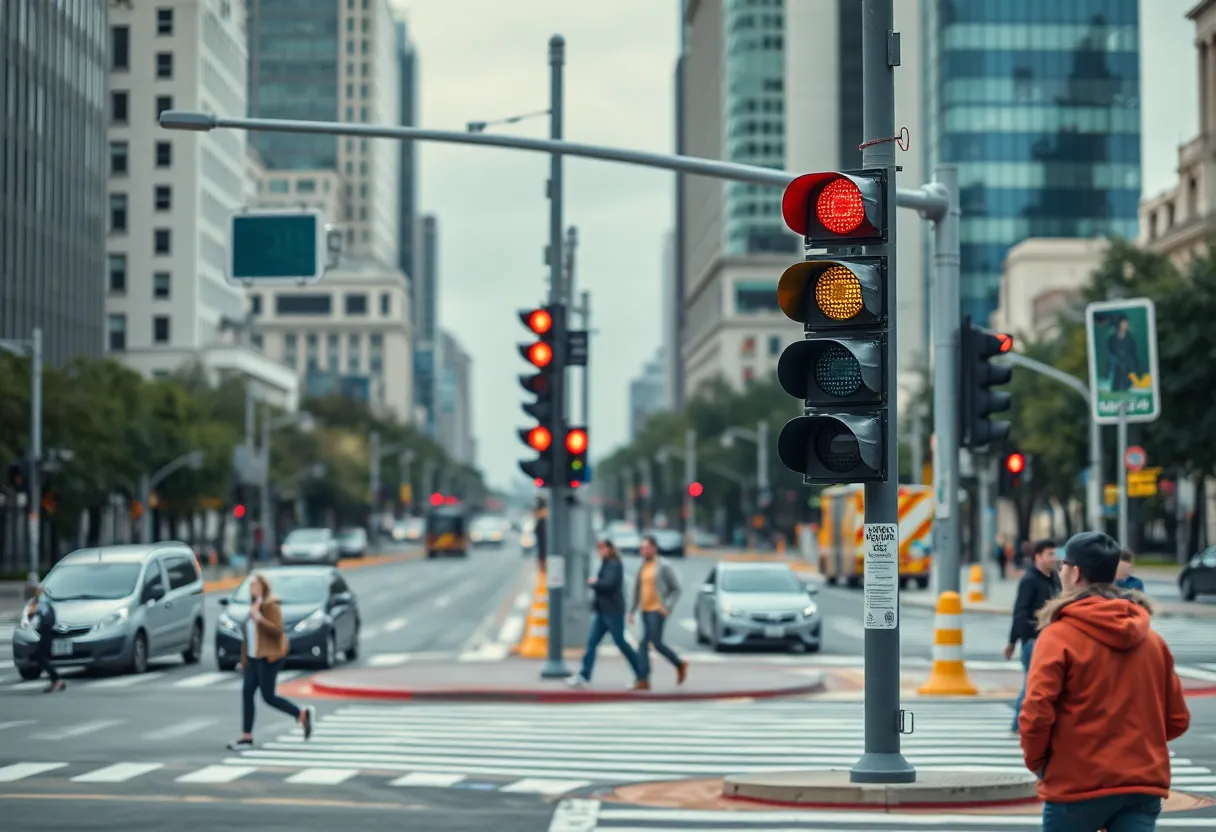 An intersection with traffic signals and crosswalks in a city, emphasizing pedestrian safety.