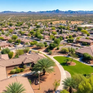 A beautiful neighborhood in Peoria, Arizona with green parks and recreational spaces.